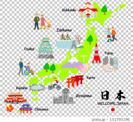 日本旅行、手描きの観光スポットと観光客フラットイラスト 日本旅行、手描きの観光スポットと観光客フラットイラスト 131793196
