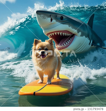 サーフィンの犬とサメ サーフィンの犬とサメ 131793478