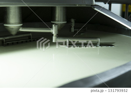 Mozzarella cheese factory. Produces handmade mozzarella with fresh milk, close up Mozzarella cheese factory. Produces handmade mozzarella with fresh milk, close up 131793932