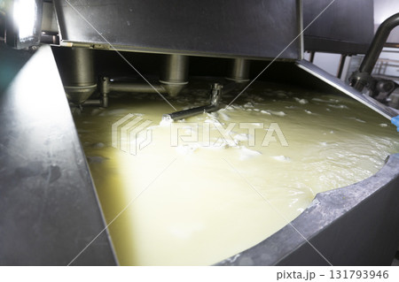 Mozzarella cheese factory. Produces handmade mozzarella with fresh milk, close up 131793946
