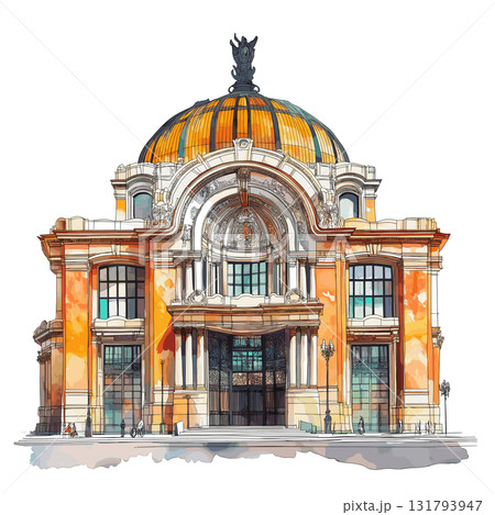 Bellas Artes Palace. Bellas Artes Palace hand drawn watercolor illustration Bellas Artes Palace. Bellas Artes Palace hand drawn watercolor illustration 131793947