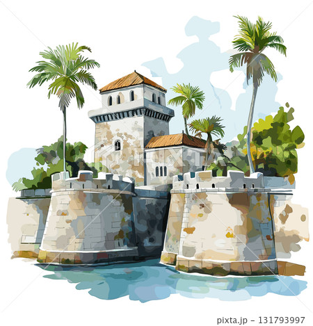 Castillo de San Felipe. Castillo de San Felipe hand drawn watercolor illustration 131793997