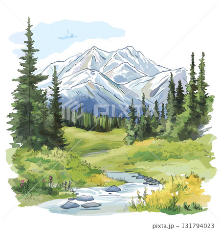 Denali National Park. Denali National Park hand drawn watercolor illustration 131794023