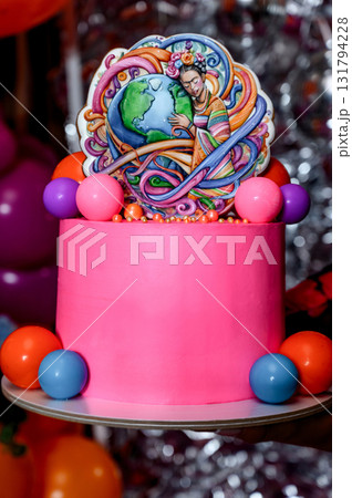 A bright pink cake with a Frida Kahlo-inspired topper A bright pink cake with a Frida Kahlo-inspired topper 131794228
