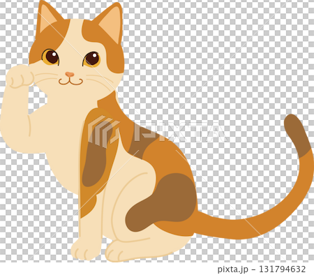 a sitting calico cat with one paw raised. kawaii calico cat waving paw adorable pet a sitting calico cat with one paw raised. kawaii calico cat waving paw adorable pet 131794632
