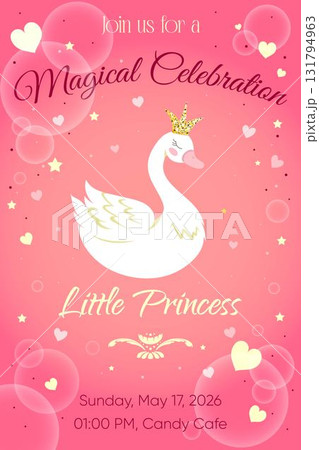 A pink invitation for magic celebration with cartoon swan on pink background. Vector illustration A pink invitation for magic celebration with cartoon swan on pink background. Vector illustration 131794963