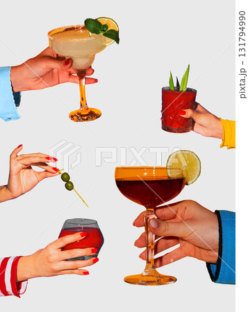 Digital artwork. Hands holding cocktails with citrus garnish and red manicure Digital artwork. Hands holding cocktails with citrus garnish and red manicure 131794990