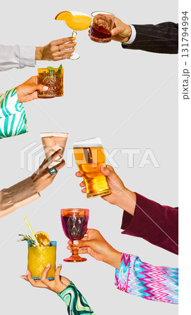 Hands toasting with cocktails, wine, and beer in festive arrangement. Hands toasting with cocktails, wine, and beer in festive arrangement. 131794994