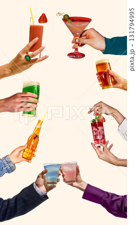 Vertical collage of colorful drinks and cocktails in toast gesture. Copy space 131794995
