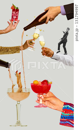 Champagne and cocktail collage with dancing figures and splashing drinks Champagne and cocktail collage with dancing figures and splashing drinks 131794997