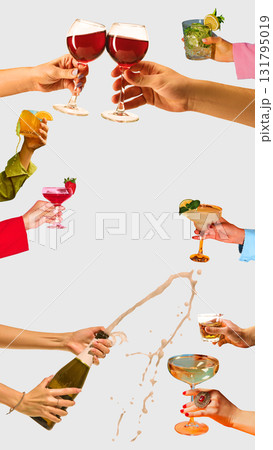 Trendy artwork. People toasting with colorful cocktails and splashing champagne Trendy artwork. People toasting with colorful cocktails and splashing champagne 131795019