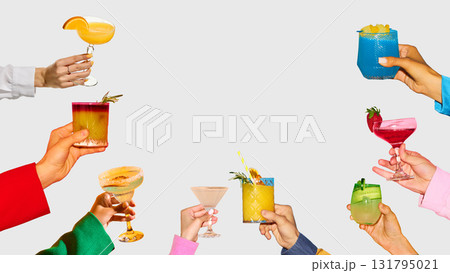 Vibrant collage template. Colorful variety of cocktails and mocktails in festive toast Vibrant collage template. Colorful variety of cocktails and mocktails in festive toast 131795021