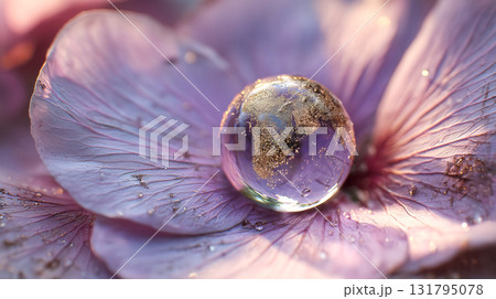 Macro view of a violet petal with a droplet mirroring Earth. Concept of delicate nature and purity. World Cleanup Day and Earth Day, promoting ecological awareness for a cleaner planet. Macro view of a violet petal with a droplet mirroring Earth. Concept of delicate nature and purity. World Cleanup Day and Earth Day, promoting ecological awareness for a cleaner planet. 131795078