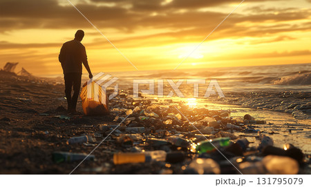 A man collecting trash on the beach during sunset. Concept of volunteer cleanup, pollution control and nature preservation. For World Cleanup and Earth Day, promoting awareness for a cleaner planet. 131795079