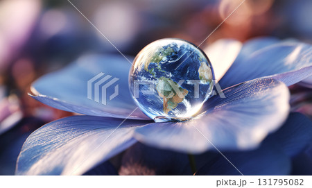 A close-up of a water droplet on a delicate flower petal with the Earth reflected inside, symbolizing the fragility of nature and the need for environmental preservation. World Cleanup Day, Earth Day. 131795082