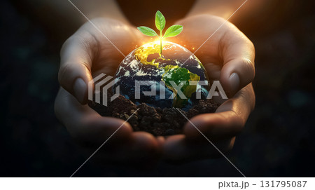 Human hands cradle soil with glowing planet Earth and green sprout. Concept of renewal, hope, sustainability and ecological balance. Perfect for World Cleanup Day and Earth Day awareness. 131795087