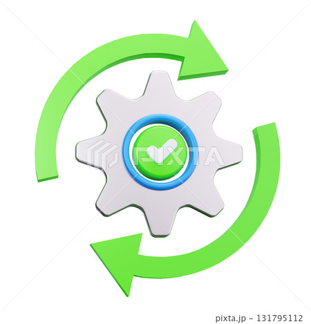 3d gear with a green check mark and green arrows. 131795112
