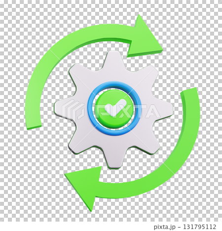 3d gear with a green check mark and green arrows. 131795112