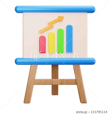 Blue whiteboard with a bar graph and an arrow on a wooden easel. Blue whiteboard with a bar graph and an arrow on a wooden easel. 131795114