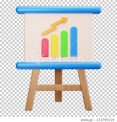 Blue whiteboard with a bar graph and an arrow on a wooden easel. Blue whiteboard with a bar graph and an arrow on a wooden easel. 131795114