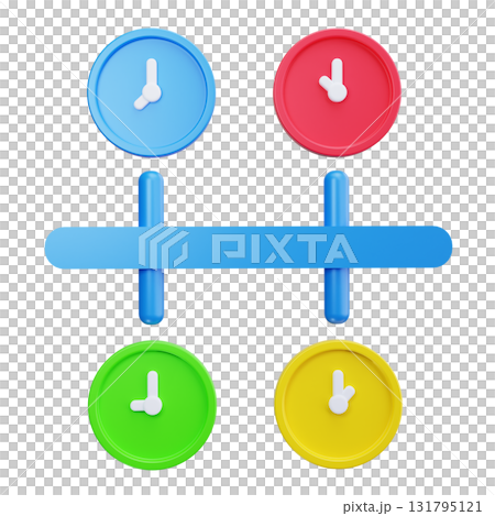 Four colorful clocks and two blue cylinders. 131795121