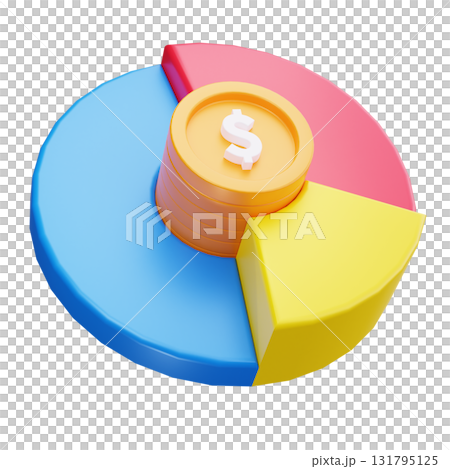 3d pie chart with coins and a dollar sign. 3d pie chart with coins and a dollar sign. 131795125