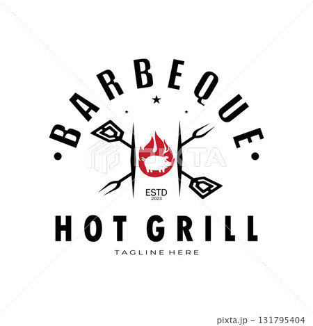 Smoke and BBQ Barbecue Vintage hot grill, with crossed flames and spatula. Logo for restaurant, badge, cafe and bar.vector 131795404