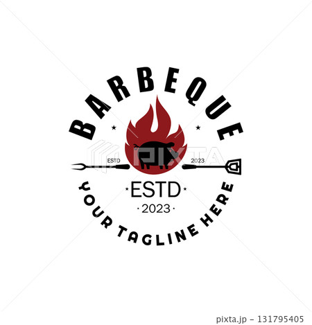 Smoke and BBQ Barbecue Vintage hot grill, with crossed flames and spatula. Logo for restaurant, badge, cafe and bar.vector Smoke and BBQ Barbecue Vintage hot grill, with crossed flames and spatula. Logo for restaurant, badge, cafe and bar.vector 131795405