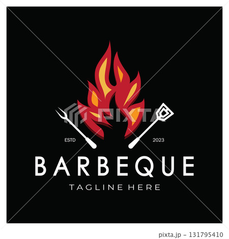 Smoke and BBQ Barbecue Vintage hot grill, with crossed flames and spatula. Logo for restaurant, badge, cafe and bar.vector Smoke and BBQ Barbecue Vintage hot grill, with crossed flames and spatula. Logo for restaurant, badge, cafe and bar.vector 131795410
