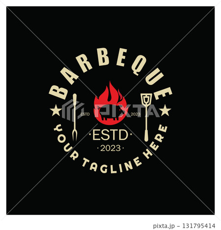 Smoke and BBQ Barbecue Vintage hot grill, with crossed flames and spatula. Logo for restaurant, badge, cafe and bar.vector 131795414