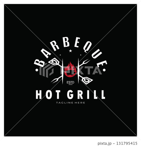 Smoke and BBQ Barbecue Vintage hot grill, with crossed flames and spatula. Logo for restaurant, badge, cafe and bar.vector Smoke and BBQ Barbecue Vintage hot grill, with crossed flames and spatula. Logo for restaurant, badge, cafe and bar.vector 131795415