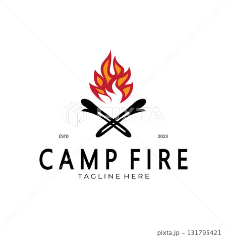 vintage and retro tent logo, camping. With tent, tree and bonfire sign. adventurers, scouts, climbers, camping equipment center 131795421