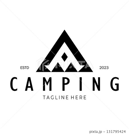 vintage and retro tent logo, camping. With tent, tree and bonfire sign. adventurers, scouts, climbers, camping equipment center 131795424