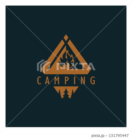 vintage and retro tent logo, camping. With tent, tree and bonfire sign. adventurers, scouts, climbers, camping equipment center 131795447