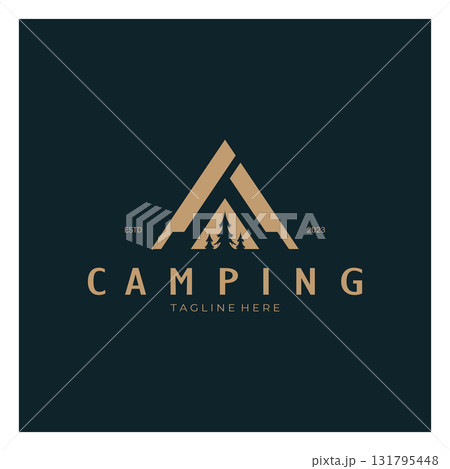 vintage and retro tent logo, camping. With tent, tree and bonfire sign. adventurers, scouts, climbers, camping equipment center 131795448