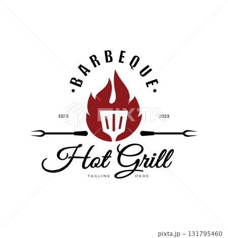 Simple Barbecue Vintage hot grill, with crossed flames and spatula. Logo for restaurant, badge, cafe and bar.vector Simple Barbecue Vintage hot grill, with crossed flames and spatula. Logo for restaurant, badge, cafe and bar.vector 131795460