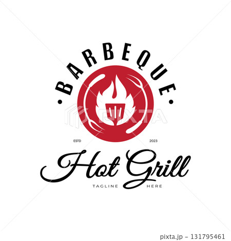 Simple Barbecue Vintage hot grill, with crossed flames and spatula. Logo for restaurant, badge, cafe and bar.vector Simple Barbecue Vintage hot grill, with crossed flames and spatula. Logo for restaurant, badge, cafe and bar.vector 131795461