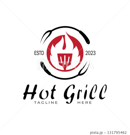 Simple Barbecue Vintage hot grill, with crossed flames and spatula. Logo for restaurant, badge, cafe and bar.vector Simple Barbecue Vintage hot grill, with crossed flames and spatula. Logo for restaurant, badge, cafe and bar.vector 131795462