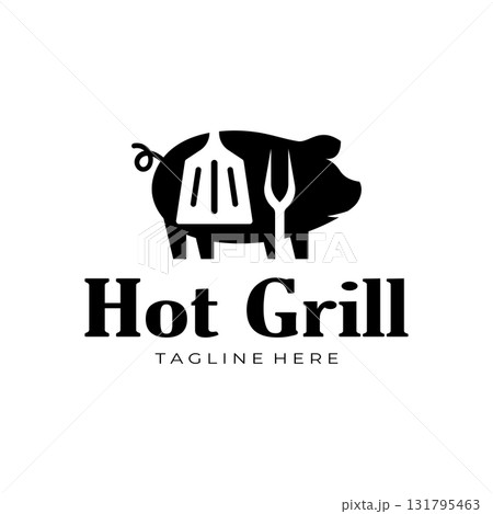 Simple Barbecue Vintage hot grill, with crossed flames and spatula. Logo for restaurant, badge, cafe and bar.vector 131795463