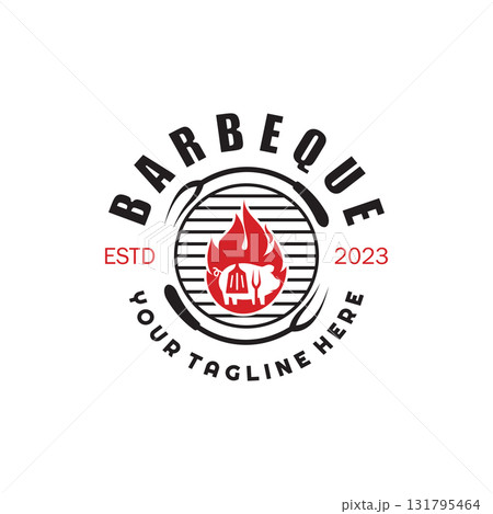 Simple Barbecue Vintage hot grill, with crossed flames and spatula. Logo for restaurant, badge, cafe and bar.vector 131795464
