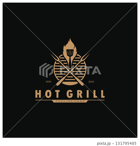 Simple Barbecue Vintage hot grill, with crossed flames and spatula. Logo for restaurant, badge, cafe and bar.vector 131795485