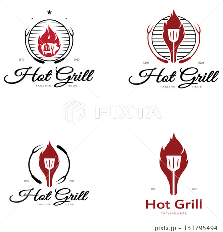 Simple Barbecue Vintage hot grill, with crossed flames and spatula. Logo for restaurant, badge, cafe and bar.vector 131795494