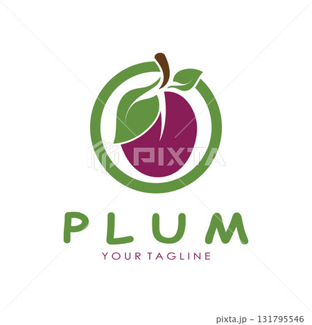 plum fruit logo with leaves, design of plum plantation, fruit shop, plum products, with simple vector editing 131795546