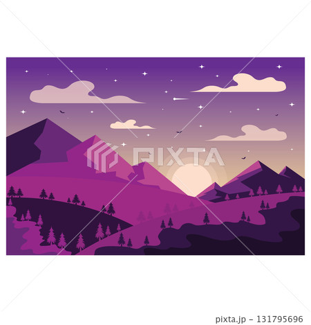 landscape illustration natural scenery background with hills,sky,moon,clouds,sun pine lake landscape illustration natural scenery background with hills,sky,moon,clouds,sun pine lake 131795696