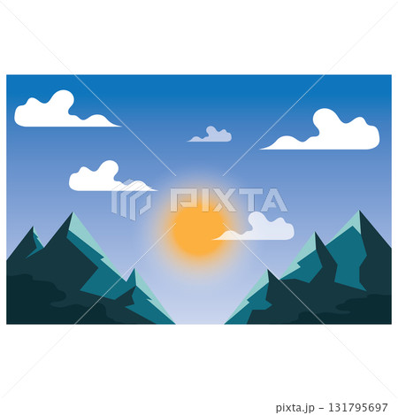 landscape illustration natural scenery background with hills,sky,moon,clouds,sun pine lake landscape illustration natural scenery background with hills,sky,moon,clouds,sun pine lake 131795697