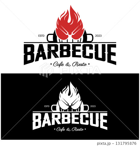 Simple Barbecue Vintage hot grill, with crossed flames and spatula. Logo for restaurant, badge, cafe and bar.vector Simple Barbecue Vintage hot grill, with crossed flames and spatula. Logo for restaurant, badge, cafe and bar.vector 131795876