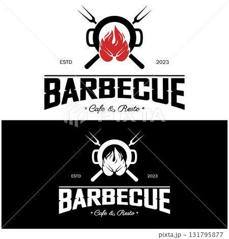 Simple Barbecue Vintage hot grill, with crossed flames and spatula. Logo for restaurant, badge, cafe and bar.vector Simple Barbecue Vintage hot grill, with crossed flames and spatula. Logo for restaurant, badge, cafe and bar.vector 131795877