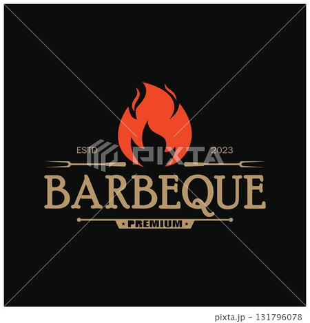 Simple Barbecue Vintage hot grill, with crossed flames and spatula. Logo for restaurant, badge, cafe and bar.vector Simple Barbecue Vintage hot grill, with crossed flames and spatula. Logo for restaurant, badge, cafe and bar.vector 131796078