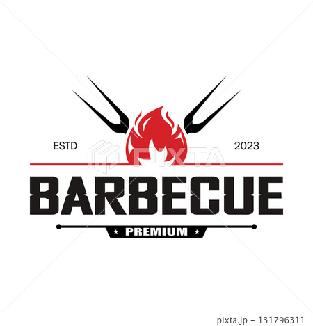 Simple Barbecue Vintage hot grill, with crossed flames and spatula. Logo for restaurant, badge, cafe and bar.vector 131796311