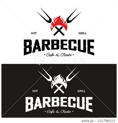 Simple Barbecue Vintage hot grill, with crossed flames and spatula. Logo for restaurant, badge, cafe and bar.vector 131796313